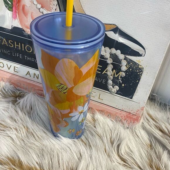 Starbucks Floral Blue Tumbler, 24oz Venti with‎ lime green straw - Picture 2 of 4